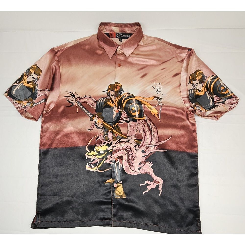 Barcode Button Up Shirt Mens‎ XL. Vintage Anime Samurai & Dragon AOP.